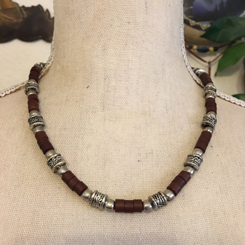 Boho brown and silver bead choker necklace